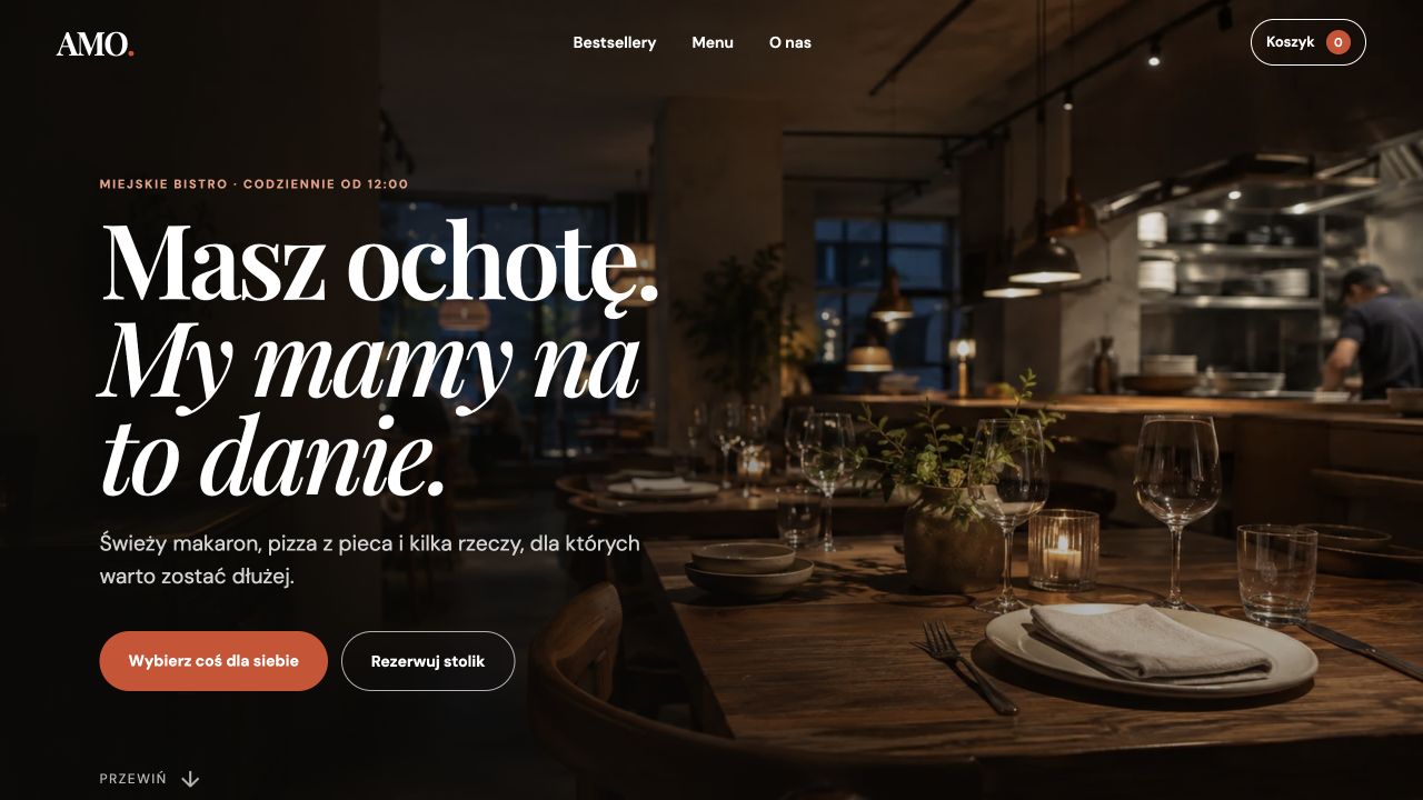 Strona główna restauracji AMO z wnętrzem miejskiego bistro