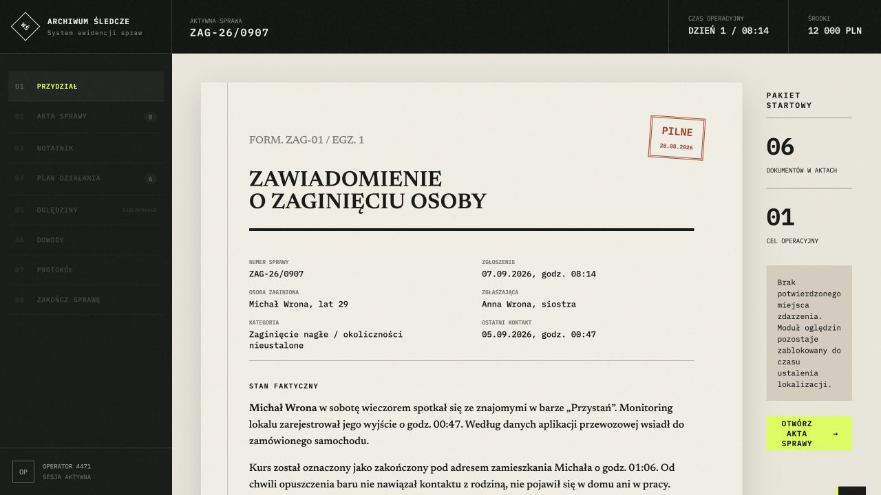 Interfejs Archiwum Śledczego z aktami sprawy zaginięcia