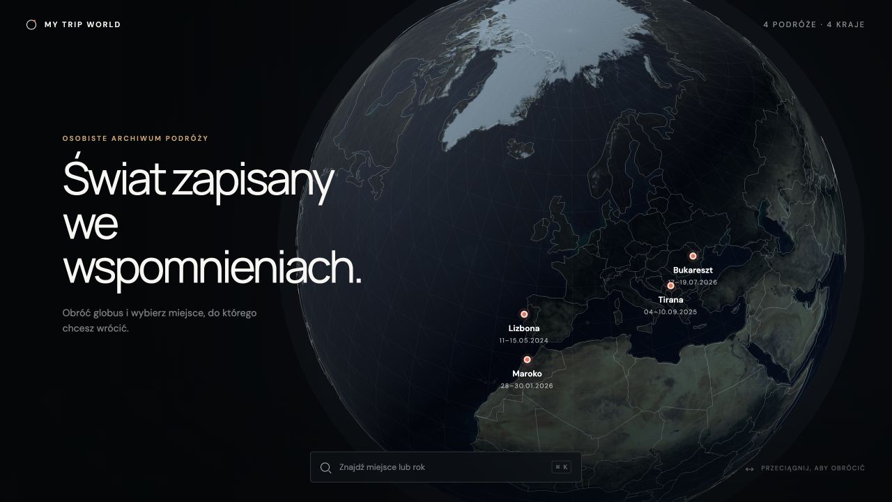 Interaktywny globus projektu My Trip World z zaznaczonymi podróżami