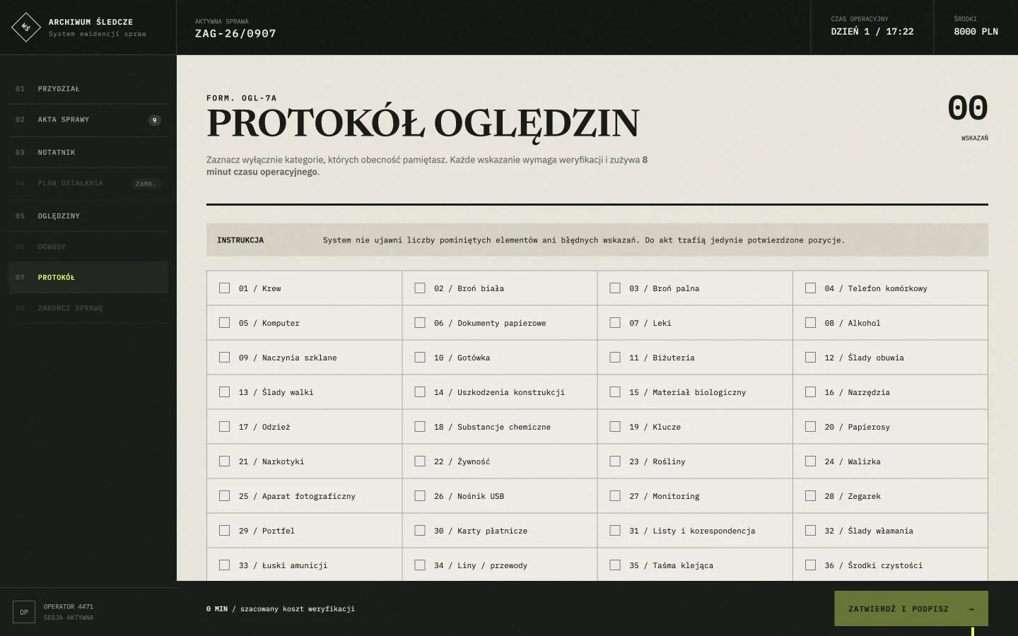 Archiwum Śledcze — podgląd działającego interfejsu